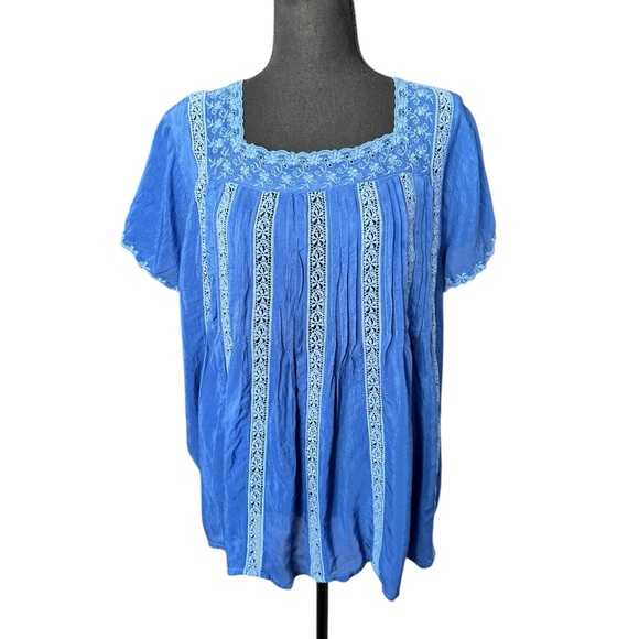 Johnny Was Brigita Embroidered Lace Pintuck Boho Blouse Blue Size L P25 - Picture 2 of 9